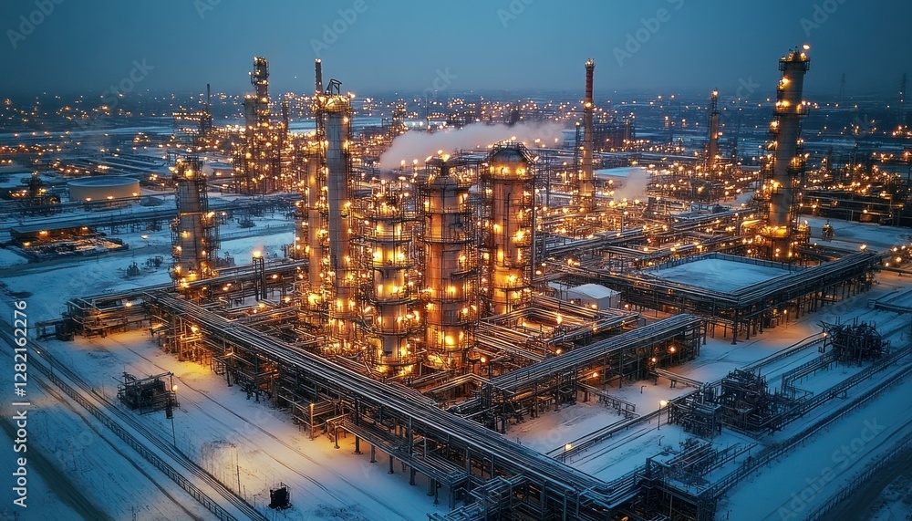 Poster industrial complex at dusk with illuminated structures and snow-covered grounds in winter scene