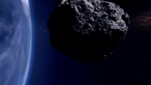 4K: Large Asteroid Travelling Through Space with Streaking Fiery Trail, short clip, quick animation, fast transition