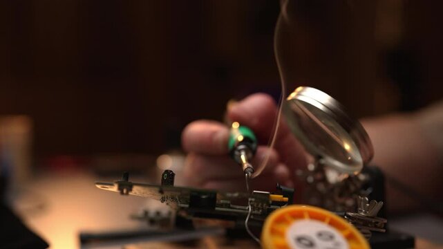 Side view of electronic technician carefully soldering circuit board, magnifying glass revealing intricate details, workshop dim with smoke drifting from heated connection point, close-up, slow motion
