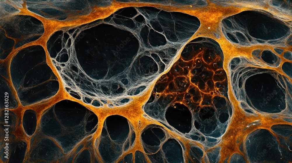 Poster abstract close-up image of vibrant organic patterns in orange and black tones with textures