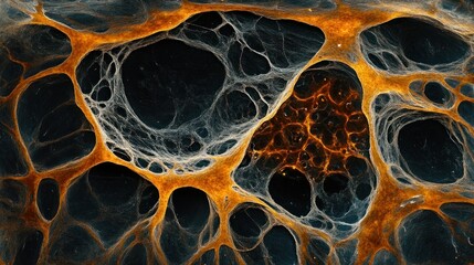 Abstract close-up image of vibrant organic patterns in orange and black tones with textures
