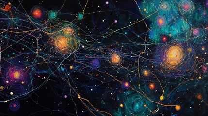 Web of glowing neon threads stretched across endless black void, abstract cosmic network, vibrant and infinite