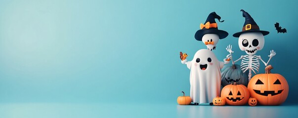 Cute cartoon ghost, skeleton and skull celebrating halloween with pumpkins and bat