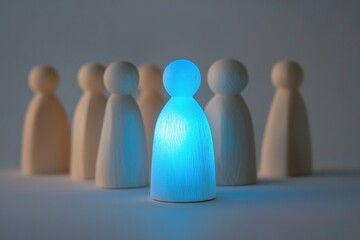 Standing out concept with minimalist wooden figures in blue light