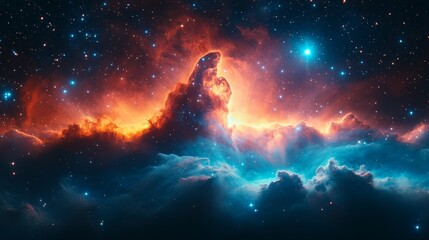 Fototapeta premium The nebula is an orange and blue gas cloud in the center of spiral galaxy. Deep sky Orion, astronomical wallpaper.