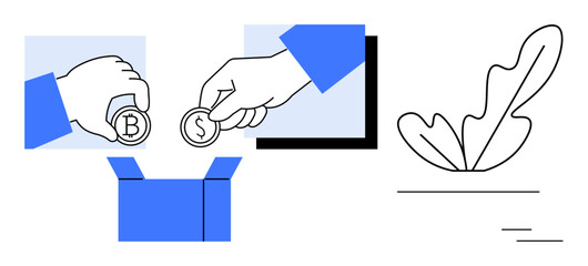 Hands with Bitcoin and Dollar coins being placed in a box, accompanied by a growing leaf. Ideal for investment, savings, cryptocurrency, financial growth, economy, donation, wealth generation