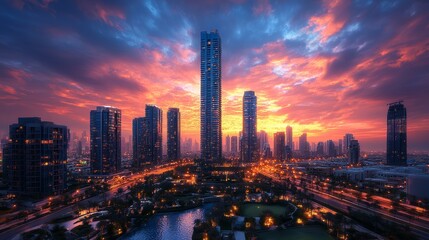 Misty clouds at sunrise, over the  skyscrapers at the sunset.