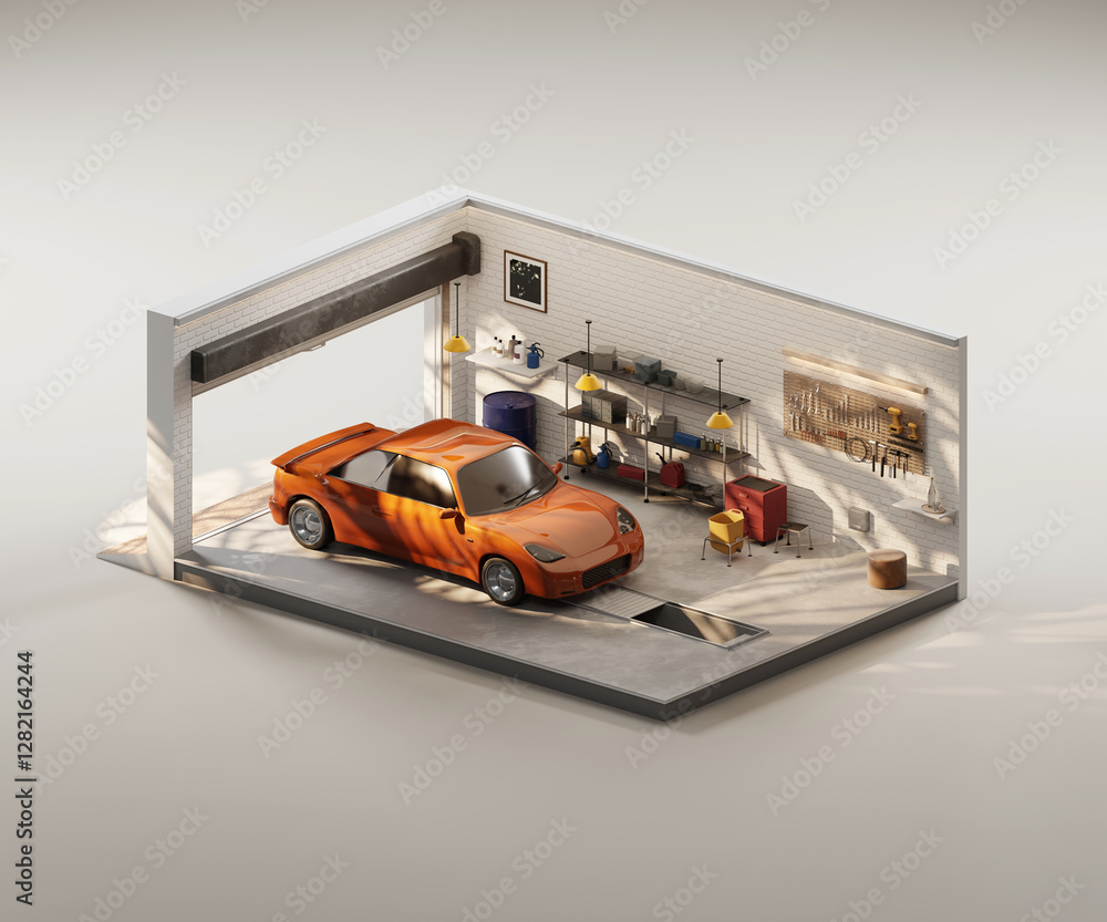 Poster isometric view home garage with car open inside interior architecture 3d rendering