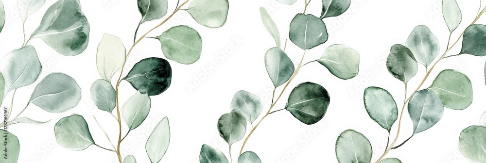 Poster watercolor depiction of eucalyptus leaves arranged in a delicate pattern with soft hues of green and