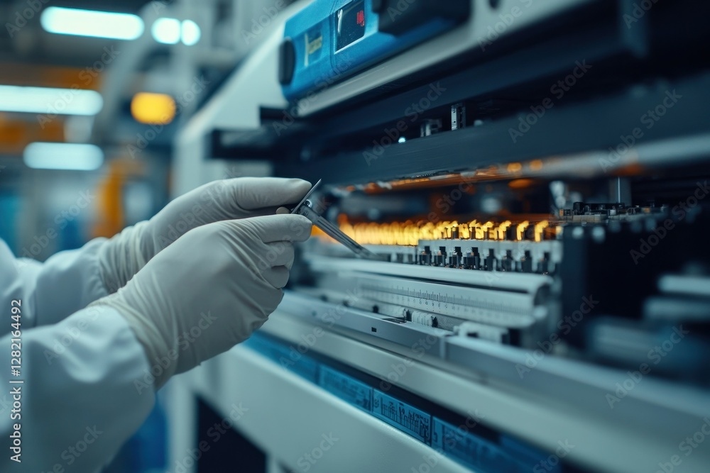 Aufkleber hands in gloves working on precision equipment in a high-tech laboratory setting