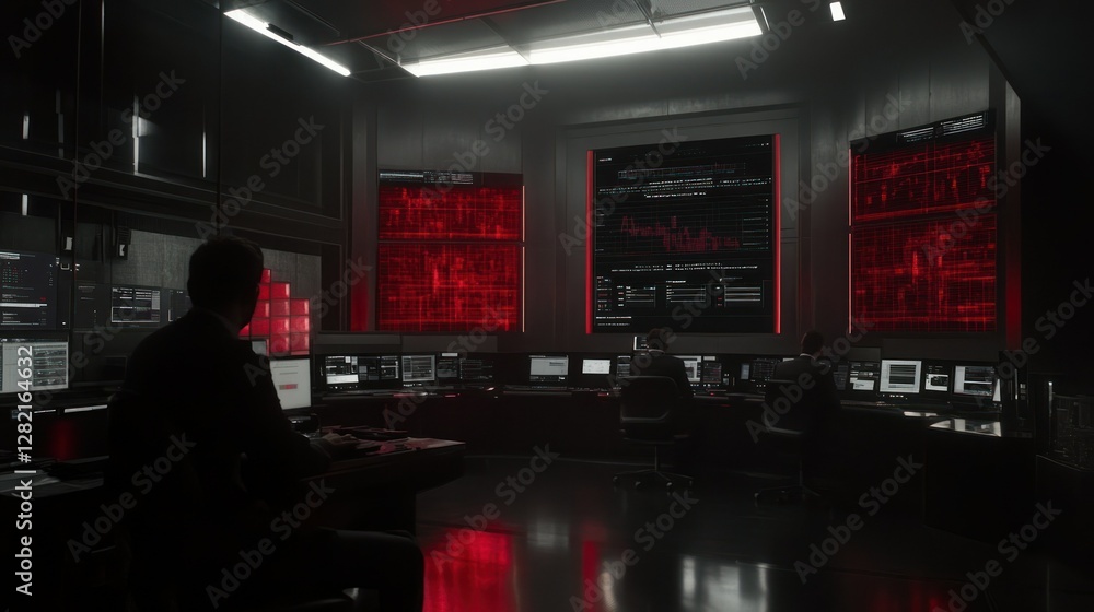 Poster high-tech control room with red lighting and digital displays for cybersecurity operations