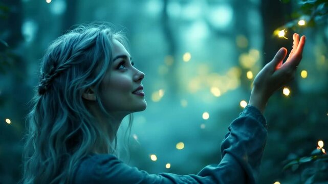 Young Woman with Silver Hair Holds Out Her Hand in a Misty Forest with Sparkling Lights