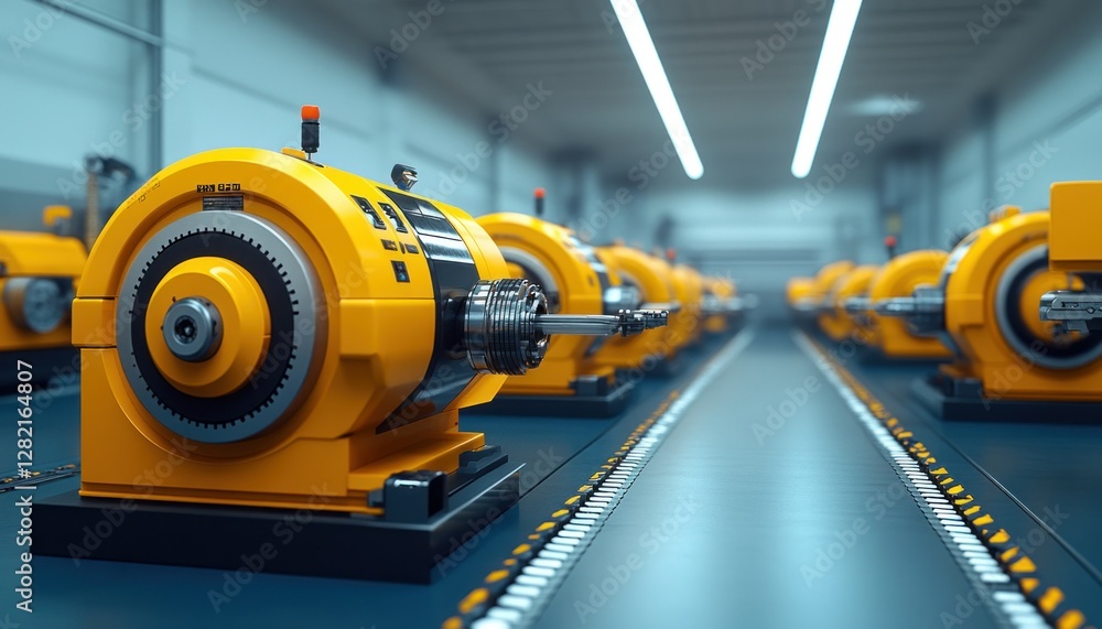 Aufkleber industrial machines on production line in modern factory setting with orange color scheme
