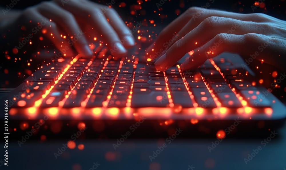 Poster bright keyboard with hands typing surrounded by glowing particles in dark atmosphere