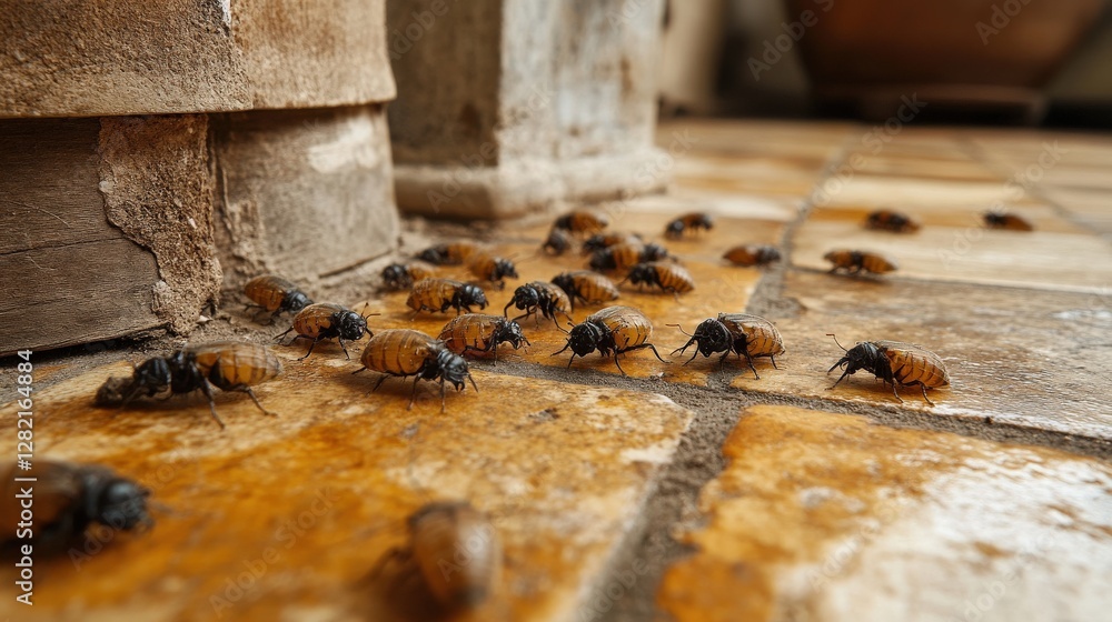 Poster close-up view of numerous insects crawling on a tiled floor in a rustic indoor setting