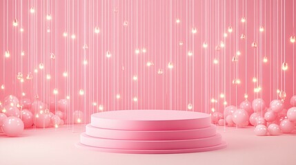 A pink display platform surrounded by lights and balloons appears elegant