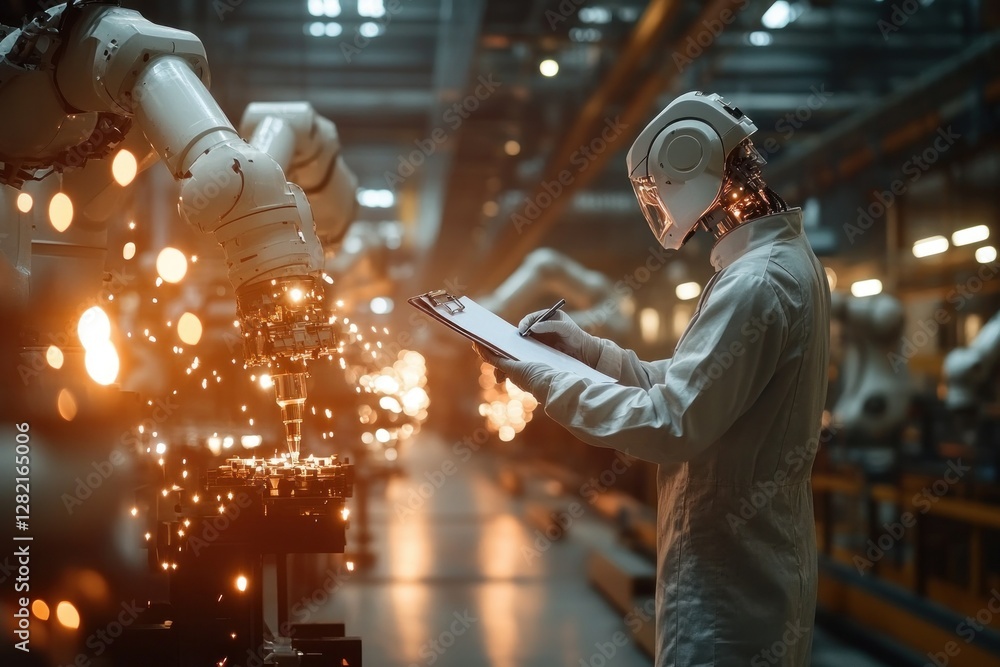 Poster engineer observing robotic assembly line with sparks in high-tech factory setting
