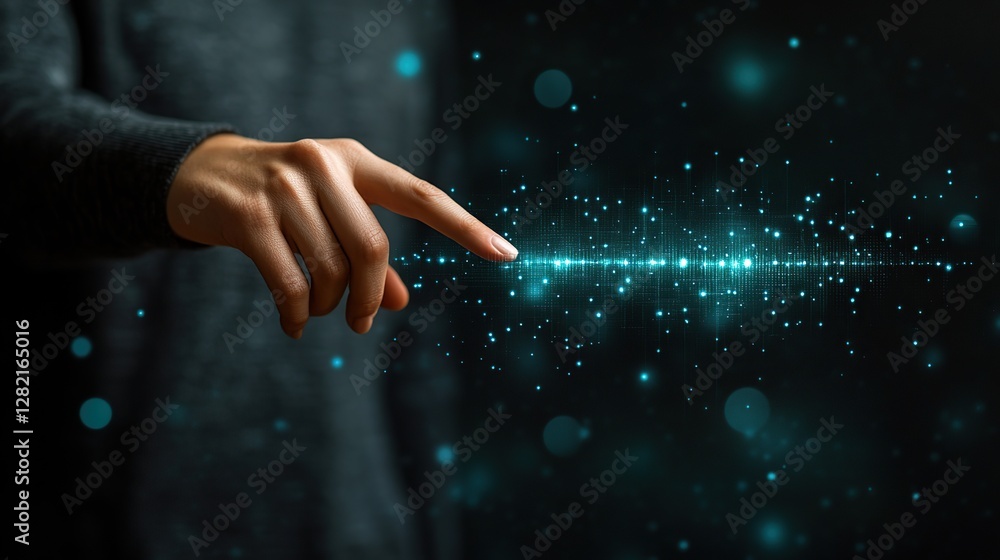 Poster person points to abstract digital data in dark background