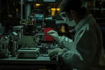 Scientist in Protective Gear Conducting Research in Dark Laboratory with High-Tech Equipment