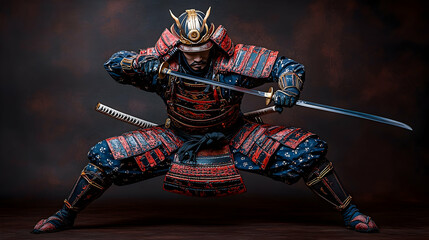 Warrior in Samurai Armor, Ready for Battle, Dark Background, Studio Shot, Potential Stock Photo
