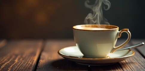 Steaming espresso in vintage cup, saucer, spoon, coffee shop, beverage