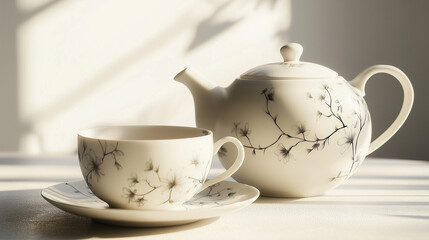 Elegant porcelain tea set with black floral design, featuring teapot and teacup, set on a table with soft sunlight