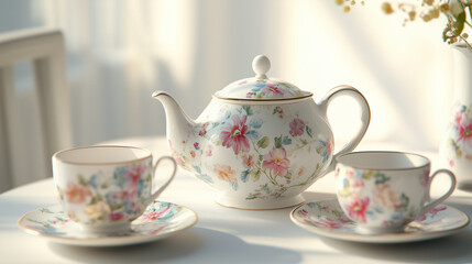 Delicate porcelain tea set with colorful floral design, featuring a teapot, teacup, and saucer, set against soft morning light