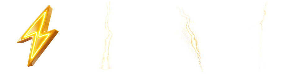 Golden Lightning Bolt and Electric Energy Effects - High-Quality Flash and Thunder Strike Isolated on Transparent Background