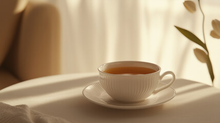 Obraz premium Elegant porcelain teacup with floral design, filled with hot tea, set on a soft, serene table in the morning light