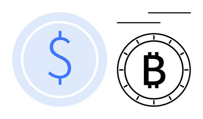 Dollar symbol in blue circle next to black Bitcoin symbol in outlined circle. Ideal for finance, investments, cryptocurrency, digital payments, economic comparison, monetary policy, blockchain