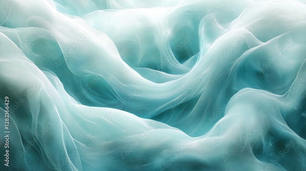 Poster ethereal flowing waves of translucent fabric in serene blue tones creating a tranquil atmosphere