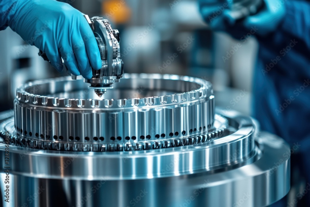 Poster precision engineering in action: close-up of metal component assembly in industrial environment
