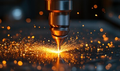 High-Speed Laser Cutting Process Generating Sparks and Bright Light in Industrial Workshop