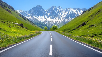 Fototapeta premium A winding road passing through a dramatic mountain pass, with jagged peaks towering above and a vibrant blue sky in the distance.