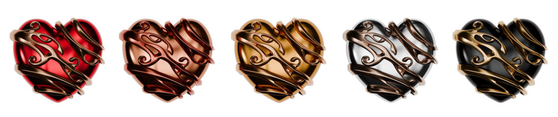 Abstract golden heart fiction novel style set pack isolated background 3d rendering	
