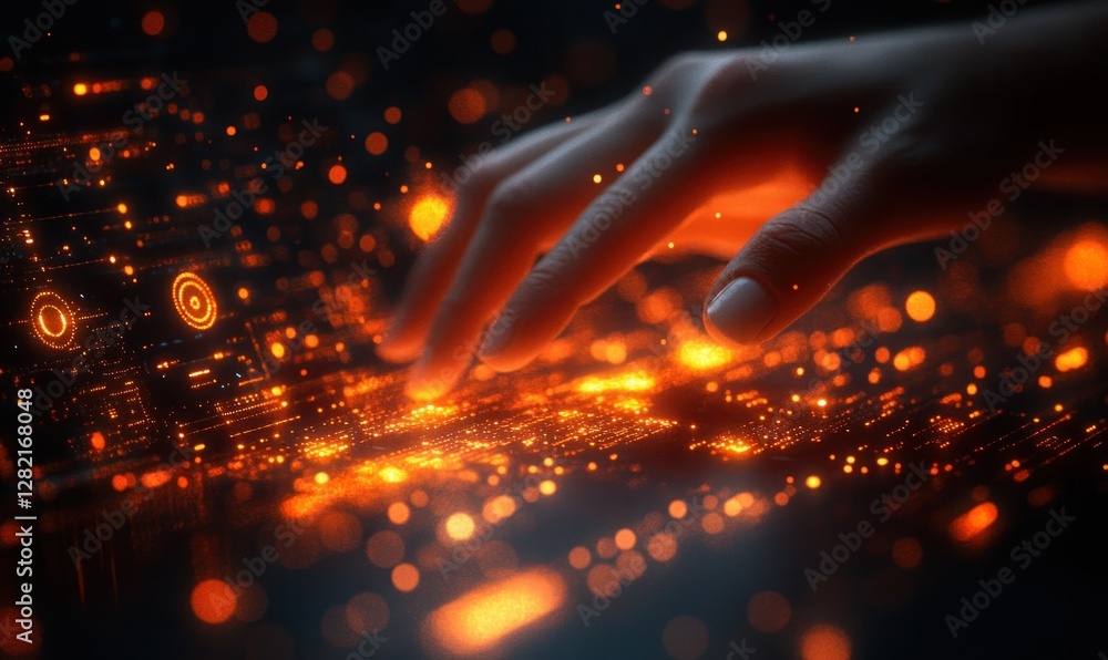 Poster futuristic digital interaction with glowing data interface and human touch in dark environment