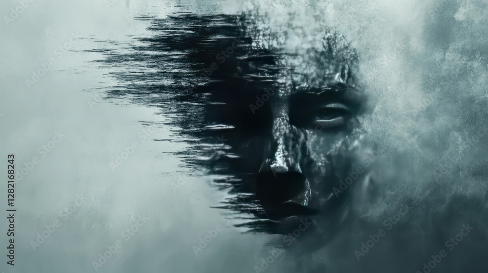 Aufkleber mysterious face emerging from misty canvas with abstract water reflections and dark elements