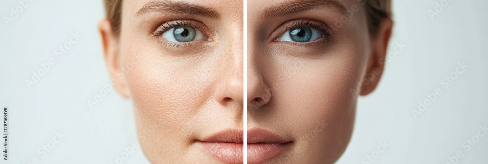 Poster womans face showcasing striking contrast between visible wrinkles and smooth skin, highlighting agin