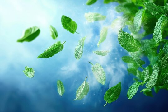 Fresh mint leaves float gently against vibrant blue background creating light, refreshing visual effect. Mint aroma invigorates, cools. Ideal for menthol fresheners, cleansers. Modern design with