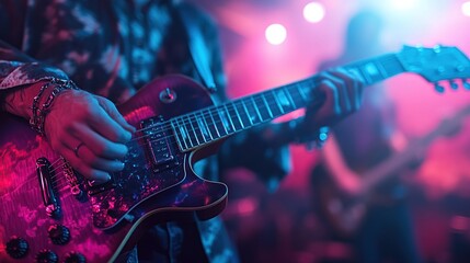 Naklejka premium Close-up guitarist performing on stage with blurred bandmates in neon light