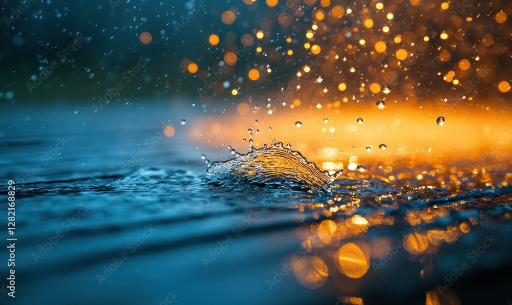 Poster beautiful close-up of raindrops splashing on surface with stunning bokeh effect background
