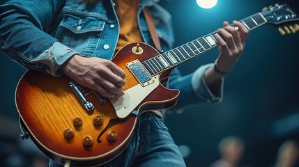 Obraz premium Man playing electric guitar on stage; blurred musicians in background