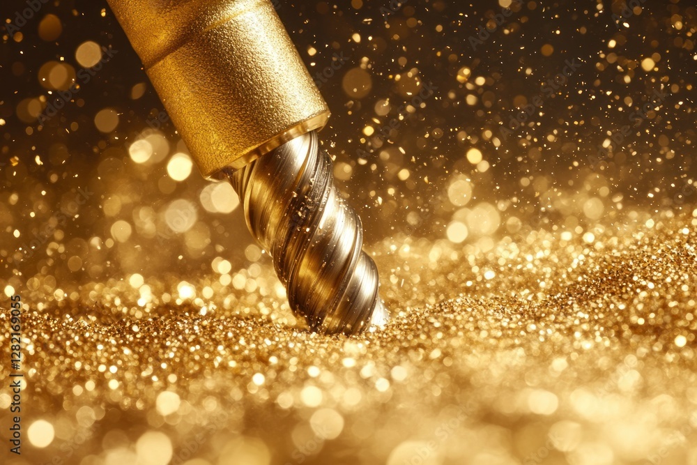Poster golden spiral drill bit creating texture in glittering gold surface with sparkling background