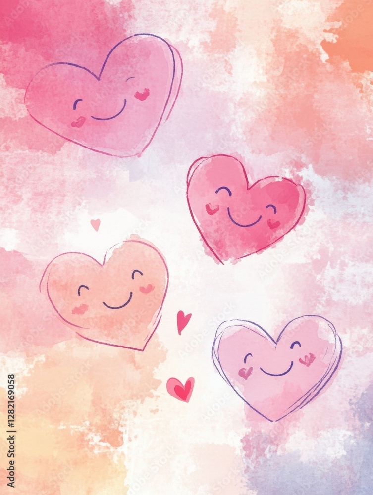 Poster Cute watercolor hearts with smiling faces create a joyful and colorful background design for cheerful occasions. Generative AI