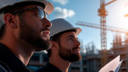 pair of architects in protective hard hats carefully review blueprints at an active construction site. Industrial cranes frame the background, emphasizing urban expansion and modern engineering.