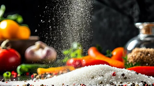 Colorful spices and vegetables with salt being sprinkled on a rustic kitchen table