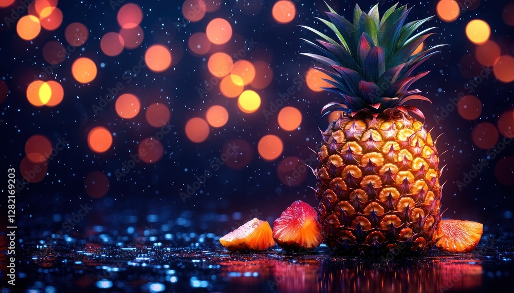 Poster Vibrant Pineapple on Reflective Surface with Colorful Bokeh and Raindrops in Abstract Setting