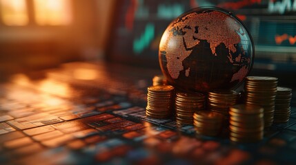 A close-up of a globe on a laptop surrounded by coins, symbolizing global finance and investment
