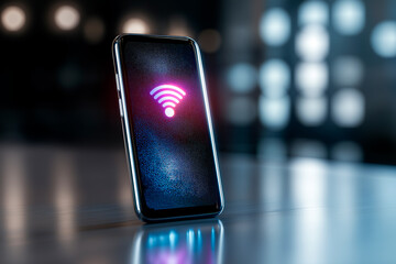 Futuristic smartphone interface with illuminated Wi-Fi symbol, representing advanced wireless network. Wireless network keeps digital communication efficient, fast, and globally connected