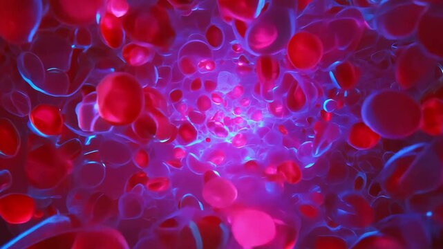 Close-up view ai video of red blood cells flowing through blood vessels, with glowing blue and red light creating a dynamic biological scene.
